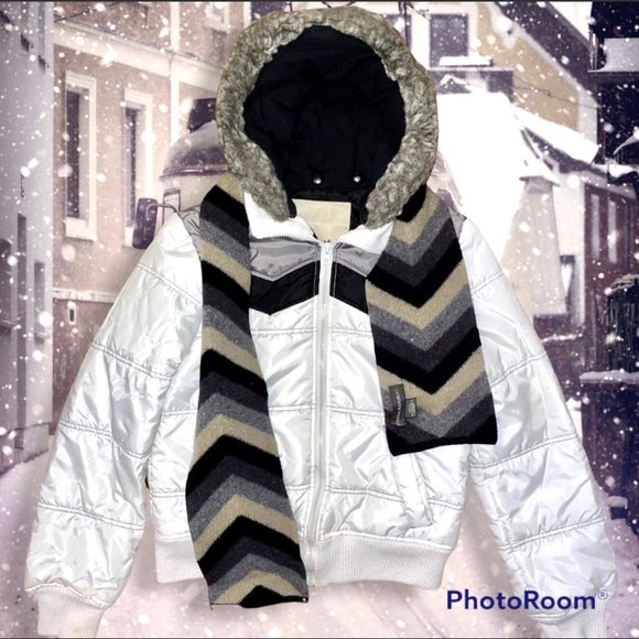 REFUGE Puffer Jacket w/ BANANA REPUBLIC Wool Scarf, Detachable Fur Hood, Wmn's M - Picture 1 of 16
